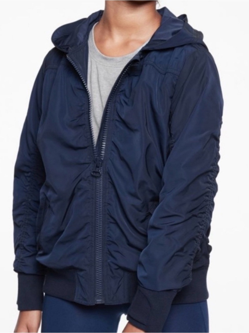 Athleta Girl Be Brave Bomber Hooded Jacket Full Zip Large 12 Thumb holes Navy